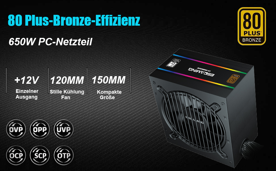 PC Netzteil Gaming APFC ATX 650W 80 Plus Bronze Wirkungsgrad 85 + 5