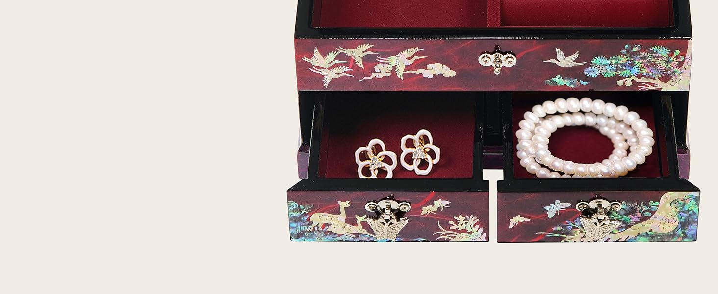 Two Drawers mother of pearl jewelry box cranes red