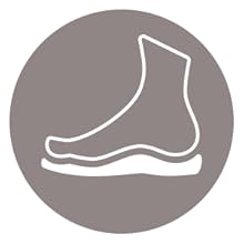 Icono minimalista del contorno de un zapato o bota en blanco, sobre un fondo gris circular.