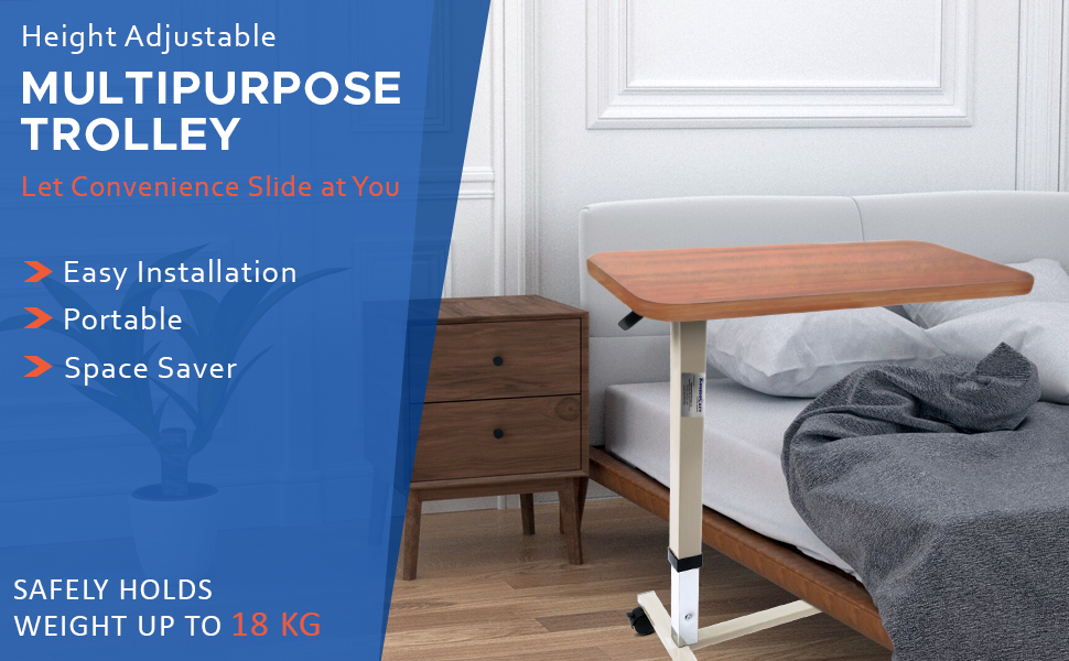 KosmoCare Height Adjustable Bedside Trolley Laptop Desk with Wheels