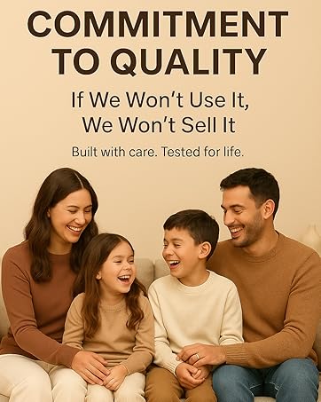 Indian couple relaxing on a cozy beige sofa with a quality commitment message above.