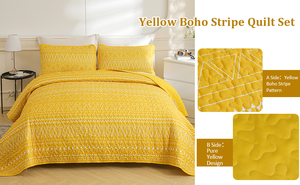 WONGS BEDDING Yellow Boho Quilt Set Queen,3 Pieces