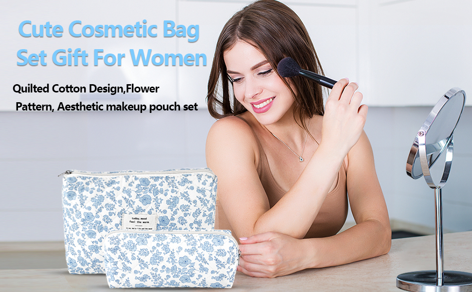 blue quilted makeup bag