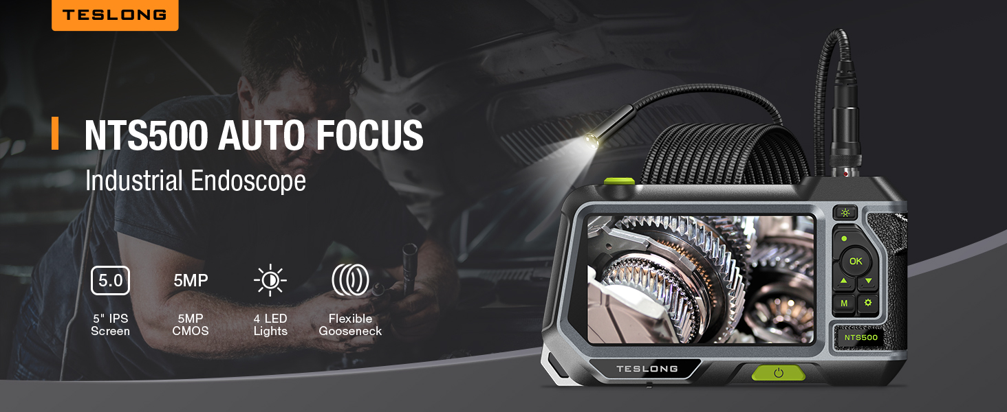 Autofocus Endoscope with 5" Monitor, Teslong NTS500 Auto Focus Industrial Borescope Inspection