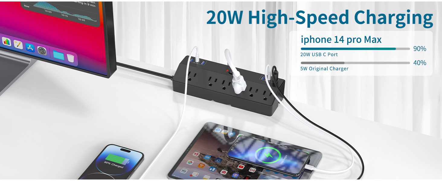 40W Desk Clamp Power Strip USB C,10FT Desk Extension Cord Fararaka Desk Power Strip Surge Protector