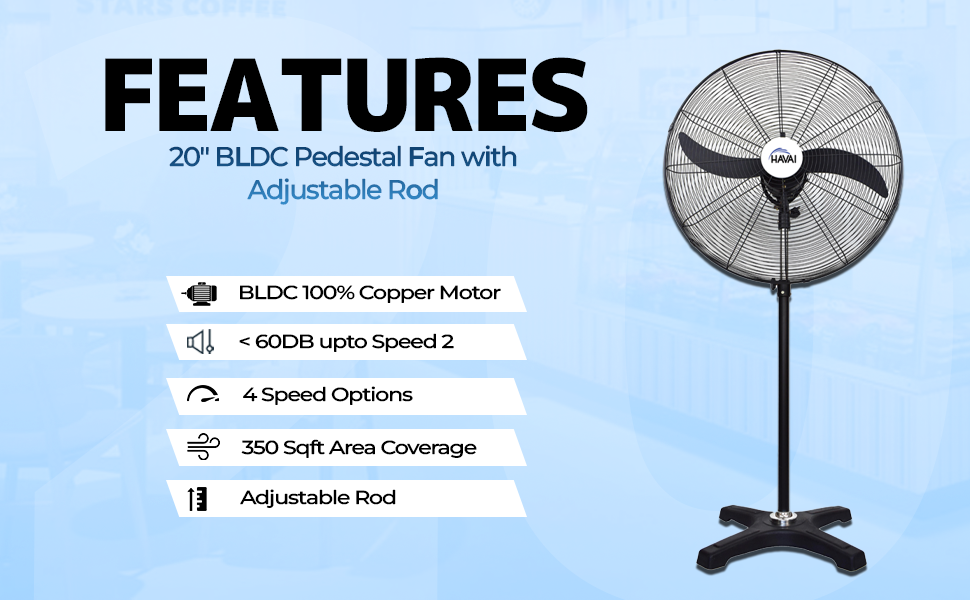 Buy HAVAI BLDC Pedestal Fan 20 Inch, 50 Savings On Electricity, High Velocity, Heavy Duty Metal