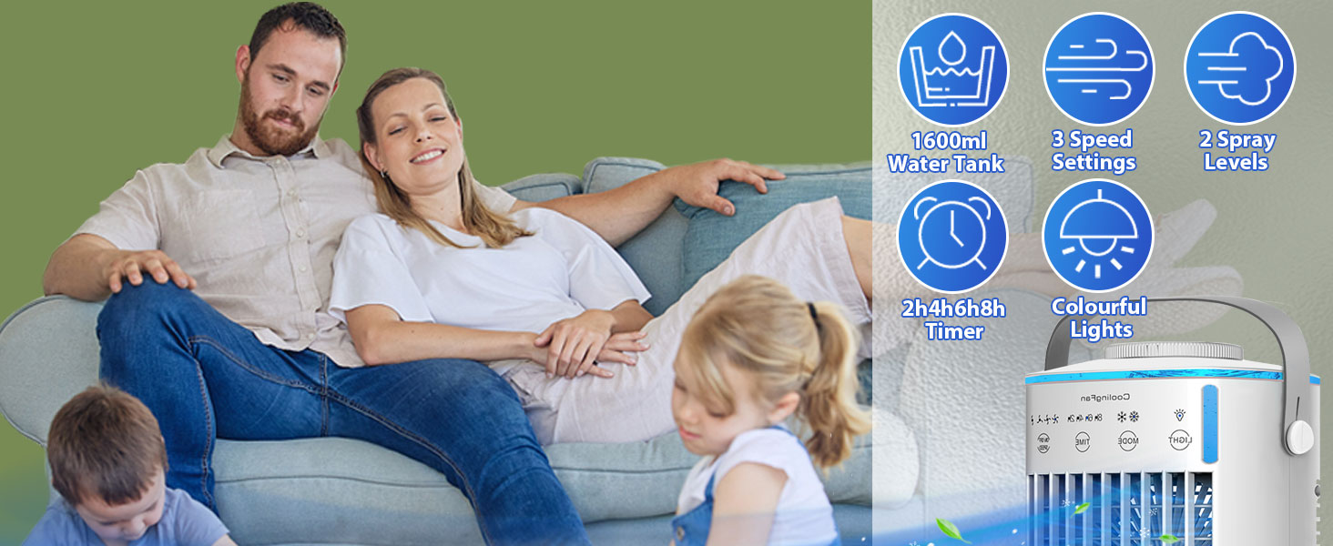 White air purifier with digital display and blue icons showing functions such as sleep mode, auto mode and fan speed. The device is located next to the sofa and people sit on it.