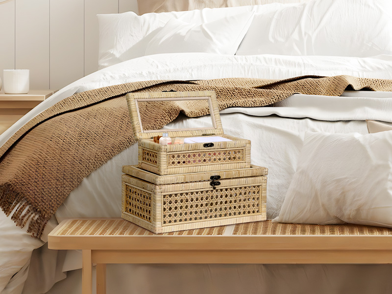 boho decorative boxes home decor wicker basket lid rattan decor keepsake trunk glass display box