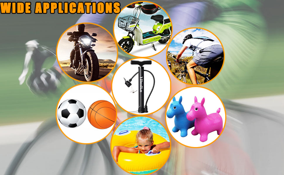Collage showing various applications for an air pump, including inflating sports balls, bicycle tires, motorcycle tires, and children's inflatable toys.