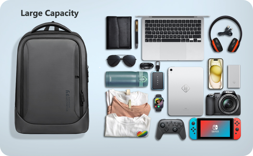 a large backpack with a variety of items laid out on a blue background.