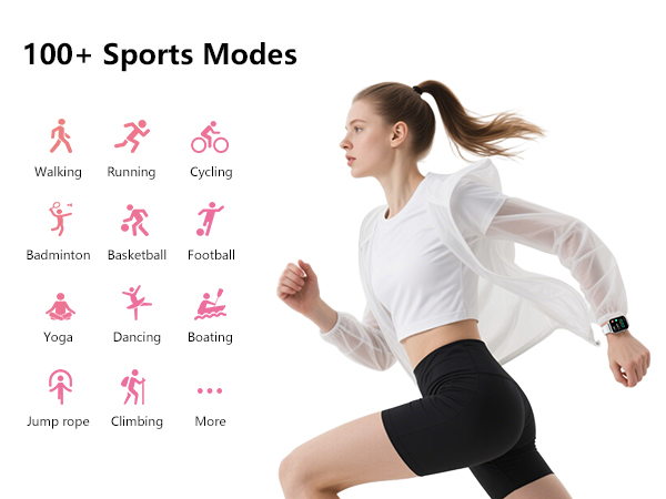Text reads '100+ Sports Modes'. Athletic activity icons showing various exercises including walking, running, cycling, yoga, and dancing. Person in white activewear exercising.