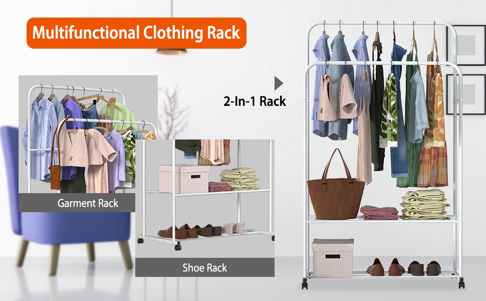 Clothes Rack with Wheels,Garment Rack with Shelves,Double