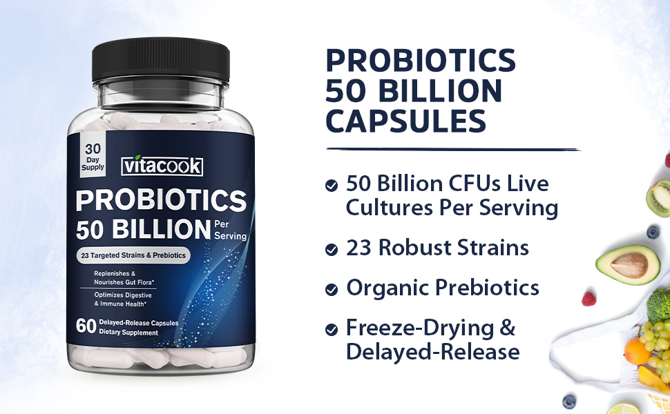 Vitacook Probiotics 50 Billion is enriched with organic prebiotics.