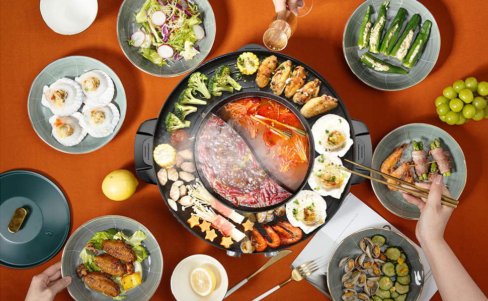 Hot Pot with Grill, Hot Pot Electric with Dual Temperature Control, Hot Pot with Divider
