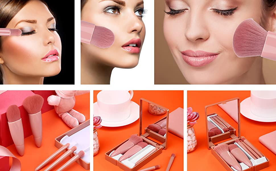 Pink Line Makeup Brushes Set with Mirror, Travel Portable Professional