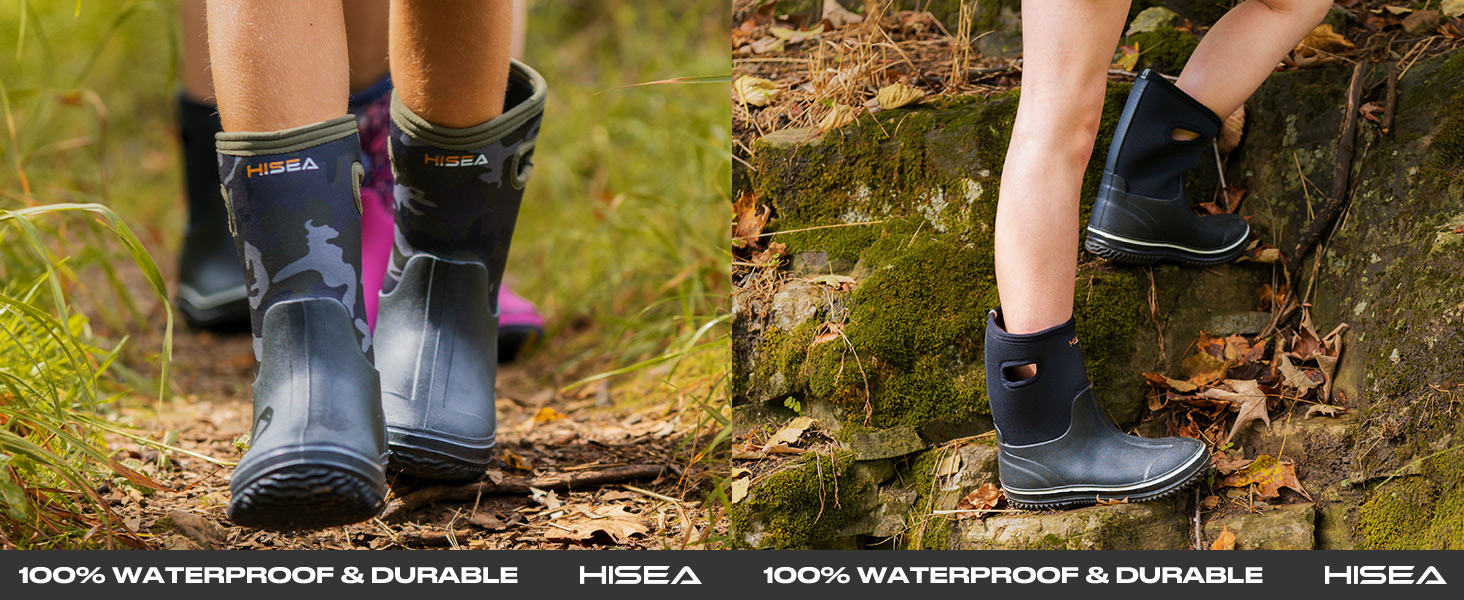 HISEA Kids Rain Boots for Boys Girls Rubber Neoprene Boots Outdoor Boots Rainboot Mud Boots