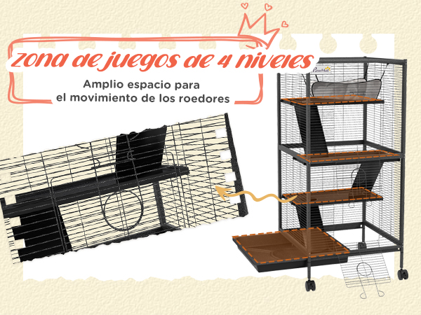 PawHut Jaula Grande Para Roedor 80x52x128 Cm Casa De 4 Alturas Con Rampas Hamaca Colgante Bandeja Extrau00edble Y Ruedas Gris - AliExprs