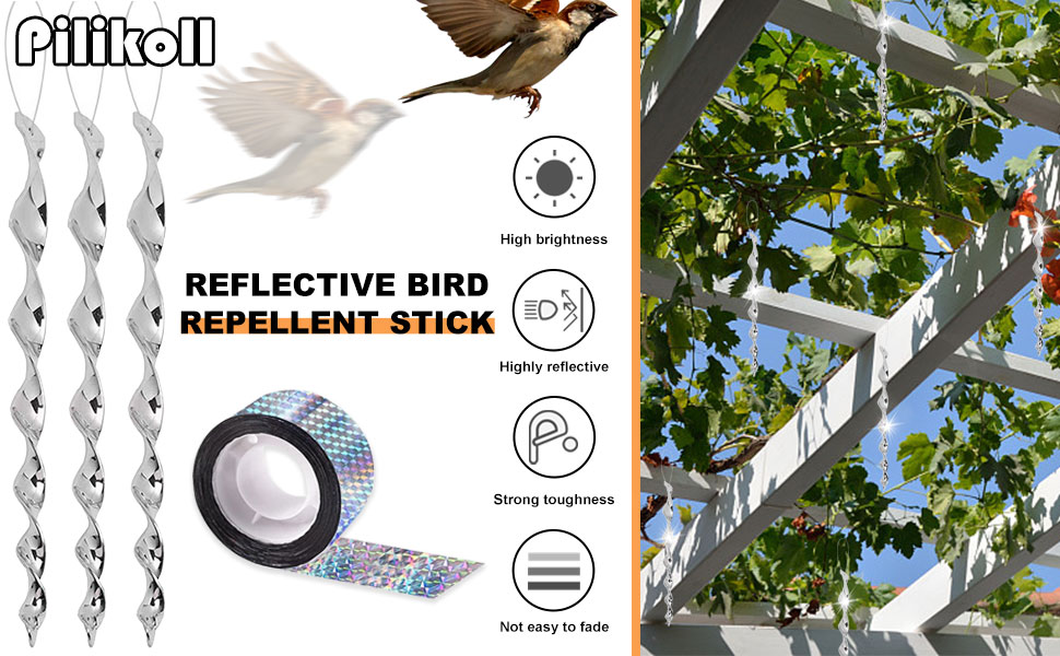 Pilikoll 12 Pcs Bird Repellent Rods(30cm) & 1 Pcs Bird Repellent Scare