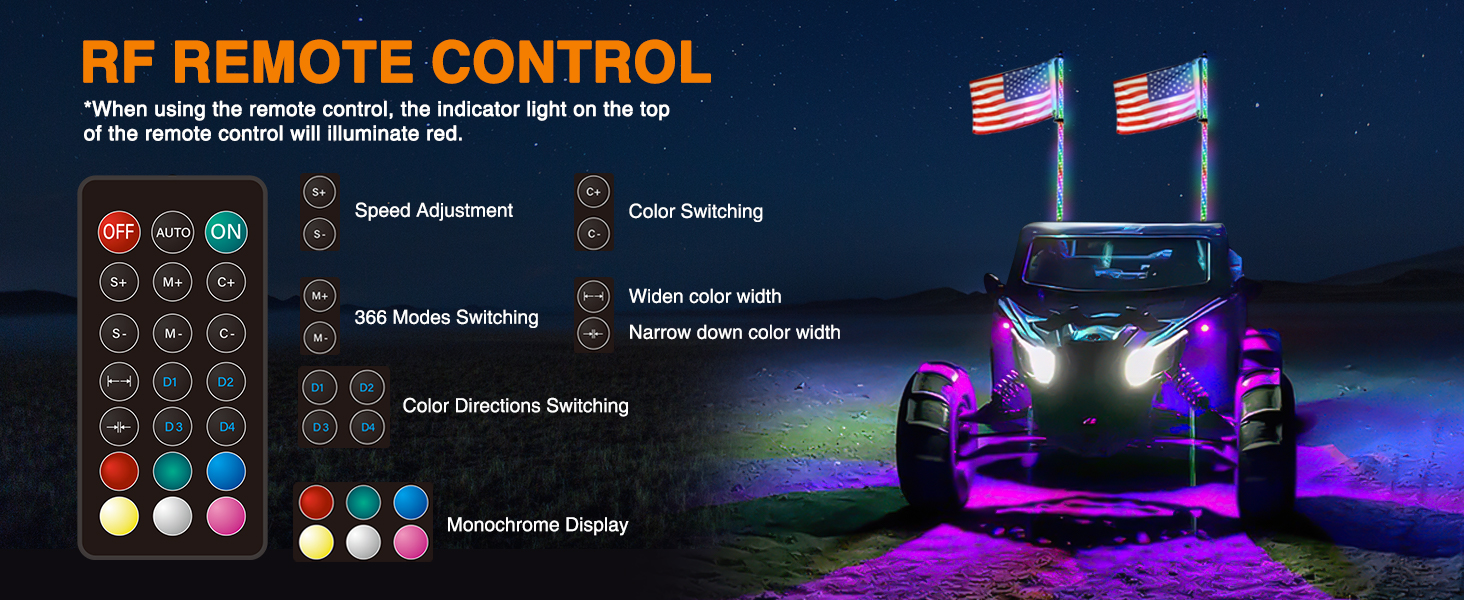 spiral RGB LED whip light with RF remote control