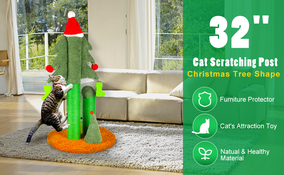 ScratchMe 32” Cat Scratching Post, Tall Christmas Cat Tree Cat