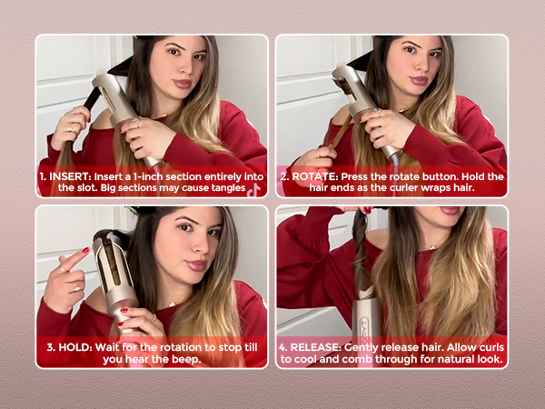 Tutorial-style image sequence demonstrating hair care or styling technique with text overlay instructions.