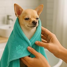 2 in 1 Pet Grooming Kit | Bath Brush with Shampoo Tank | Absorbent Towel 75 x 35 cm | Green, Microfiber and Silicone | Cleaning, Drying and Massage for Dogs and Cats 14 de microfibra verde azulado con estampado de patas bordadas, envuelta alrededor de un perro pequeño. Material suave y absorbente para secar a las mascotas después