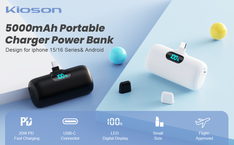 Portable Phone Charger for iPhone 15 16, USB C Power Bank