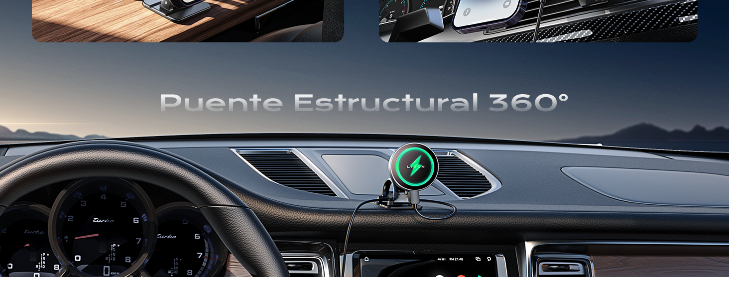 Vista del interior del salpicadero del automóvil que muestra el panel de instrumentos y la consola central con una superposición de texto que dice «Puente Estructural