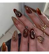 IMRAIN Brown Press on Nails Medium Almond Fake Nails Fall Butterfly Glossy Artificial False Nails...