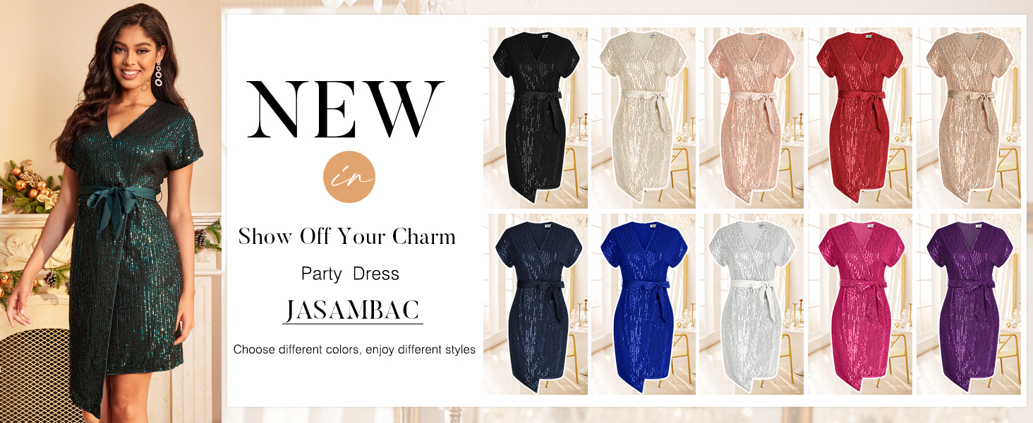 JASAMBAC Women's Sequin Dress Sparkly Glitter Short Sleeve V Neck