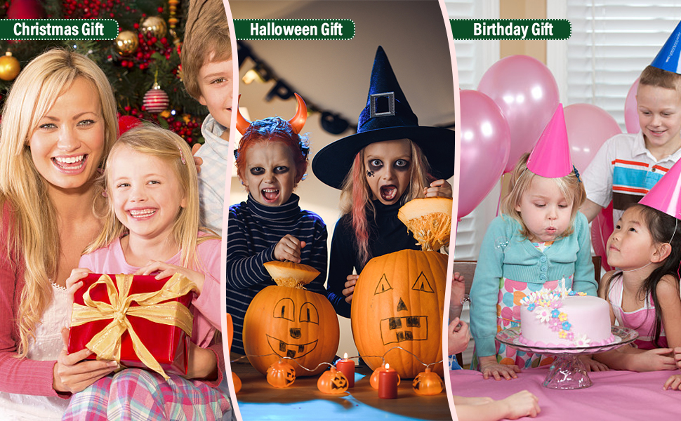 Image à trois panneaux montrant des scènes de cadeaux pour Noël, Halloween et fêtes d'anniversaire. Chaque panneau comporte des décorations festives et des articles cadeaux.