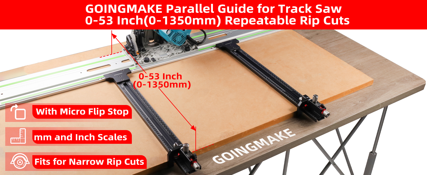 GOINGMAKE parallel guide for track saw for 0-53 inch(0-1350mm) Repeatable Rip Cuts