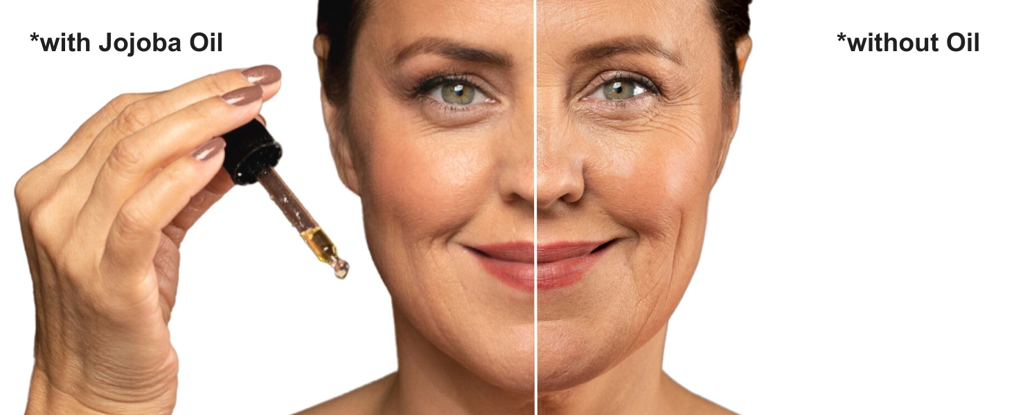 Before and after image of a woman looking visibly younger following the use of rejuvenating oil