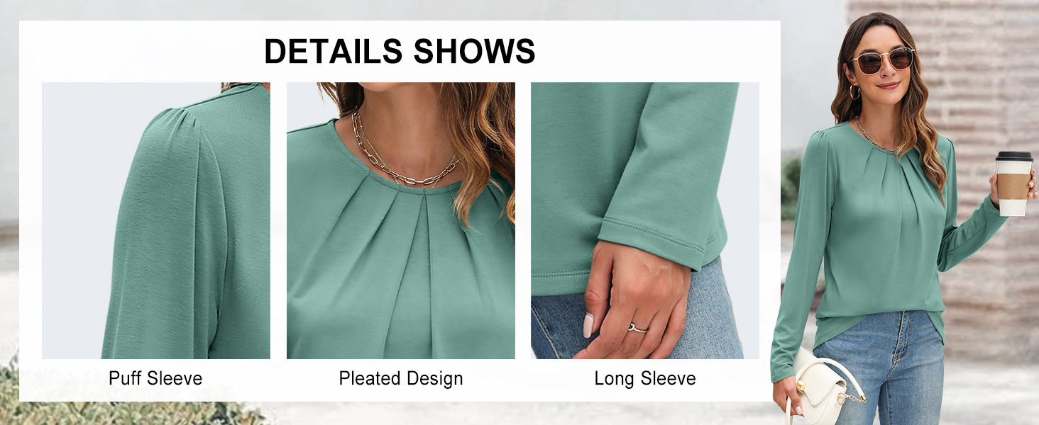 Womens Tunic Tops Long Sleeve Pleated Shirts
