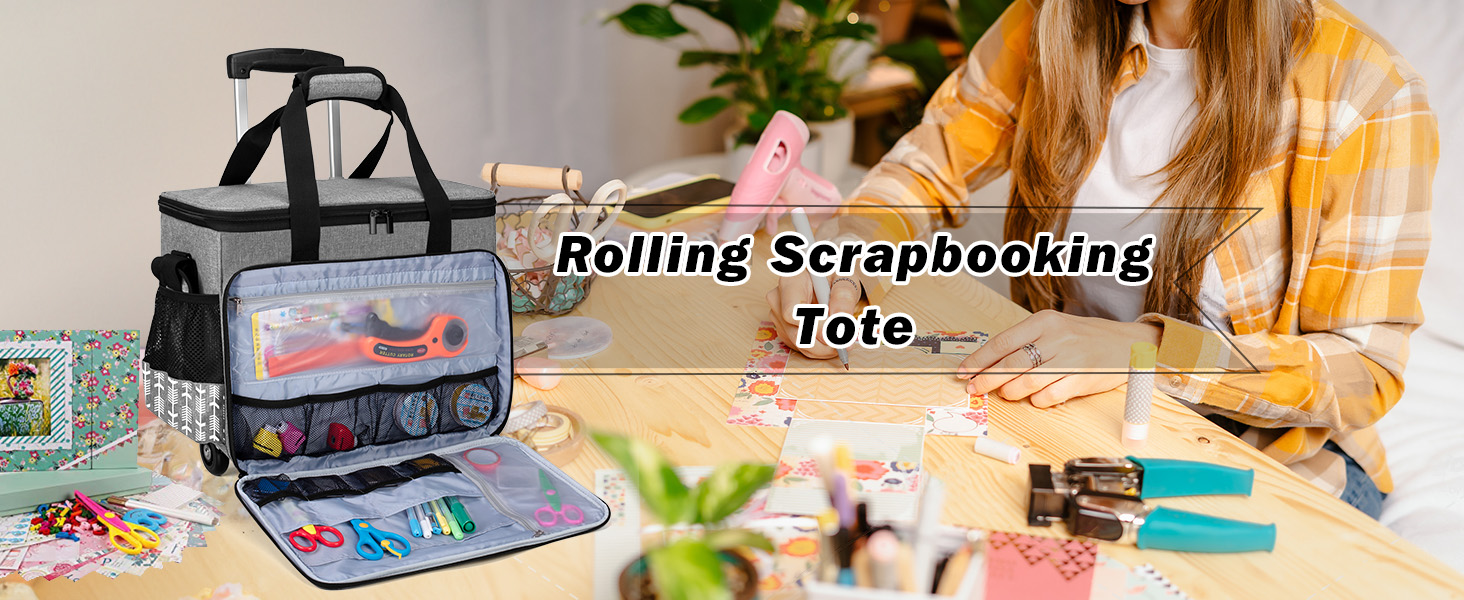 Yarwo Rolling Craft Bag on Wheels, Women Craft Scrapbook Tote Bag with Detachable