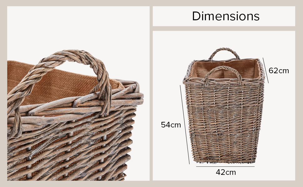 Wovenhill Rectangular Wicker Log Basket Handmade Jute Lined Wood