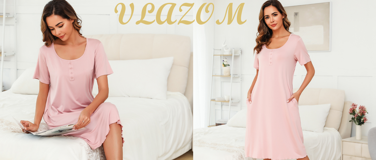 Vlazom Women's Nightdress, Ladies Soft Nighties U-Neck Nightshirts Short Sleeve Sleep Dress Nightgown Sleepwear UK 6-24 10 ladies nightdresses,black nightdress,nightdresses for women uk