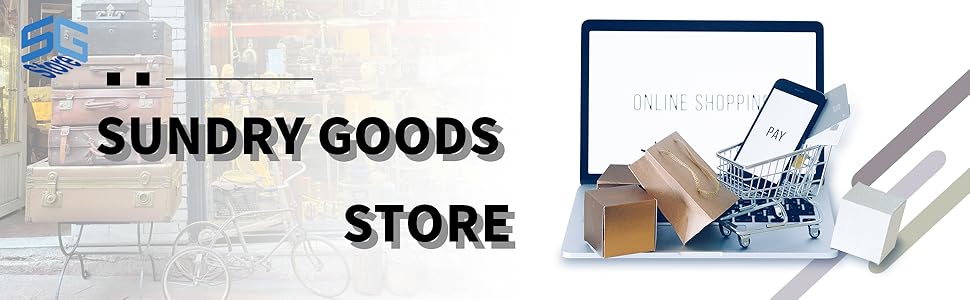 Store banner with 'SUNDRY GOODS STORE' text. Shopping cart icon containing cardboard box, smartphone, and receipt, representing online shopping for various household items.