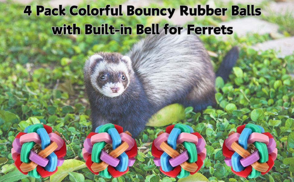 4 Pack Ferret Toys Balls Colorful Bouncy Rubber Balls with Builtin Bell Ferret