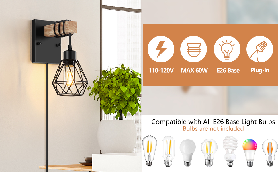 Farmhouse Wall Light Fixture with 5.25FT On/Off Switch Cord