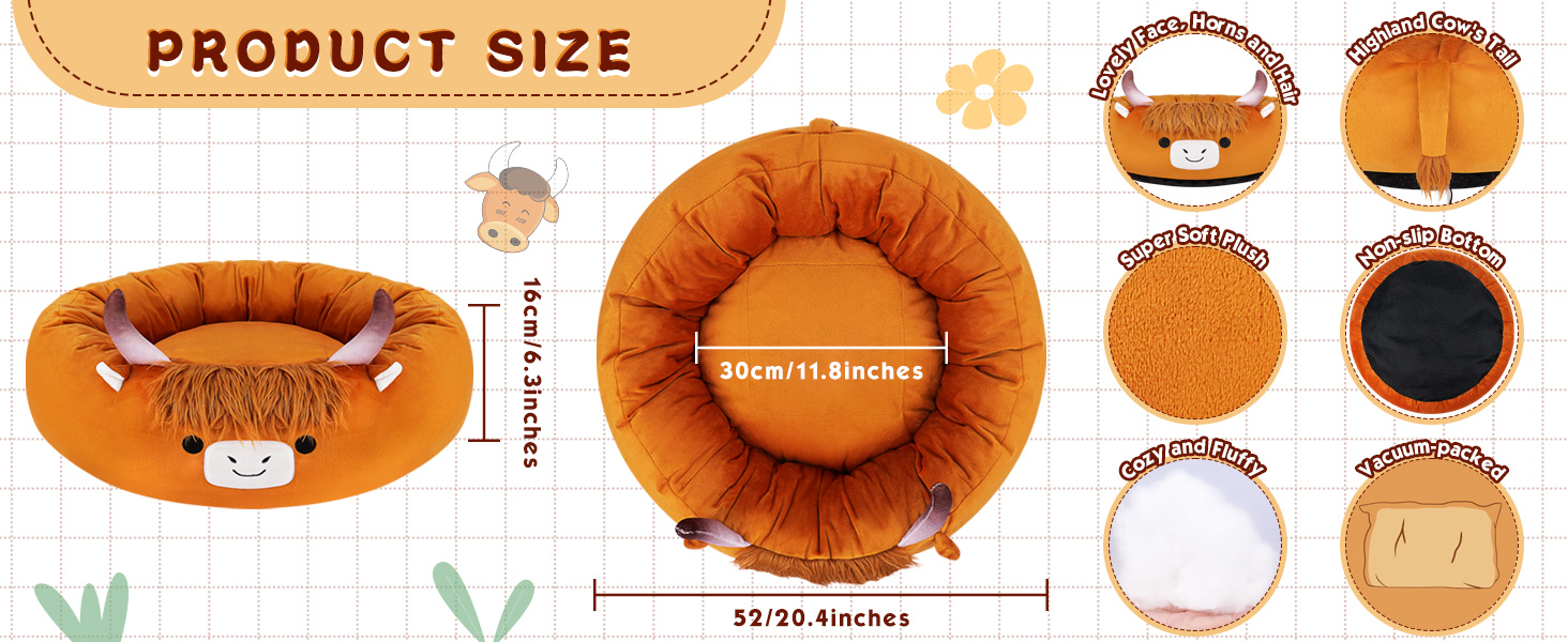 Heated pet bed plush highland cow