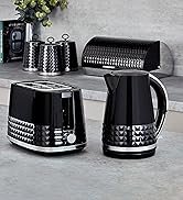 Modern black kitchen appliance set including electric kettle and toaster with chrome accents and textured dot pattern design.