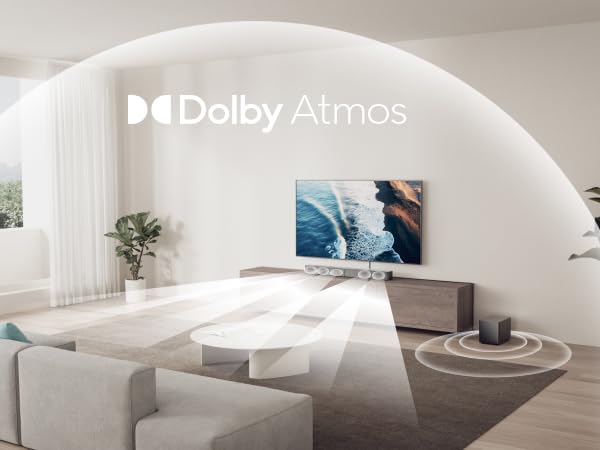 Moderner weißer Heimkino-Raum mit geschwungener Decke und Wänden mit Dolby Atmos-Logo. Das Zimmer bietet ein minimalistisches Design mit integrierter Beleuchtung.