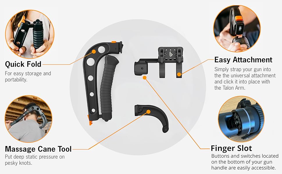 Features of Talon Universal including a Quick Folding Arm, Easy Attachments, Massage Cane (Hook)
