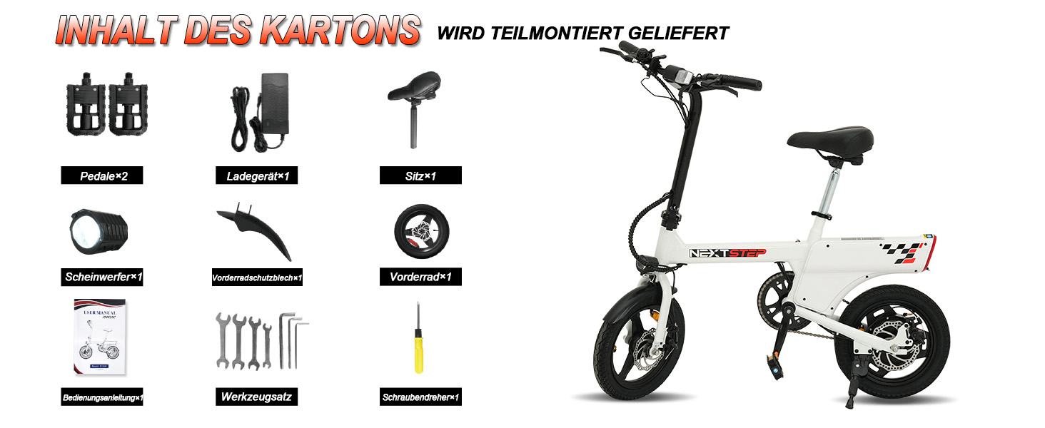 Diagramm mit der Montageanleitung für das Faltrad mit schwarzen Symbolen für Werkzeuge und Teile, die für den Montagevorgang benötigt werden.