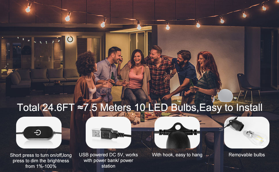 ROMANJOY USB Powered String Lights, 24.6FT Dimmable Waterproof String