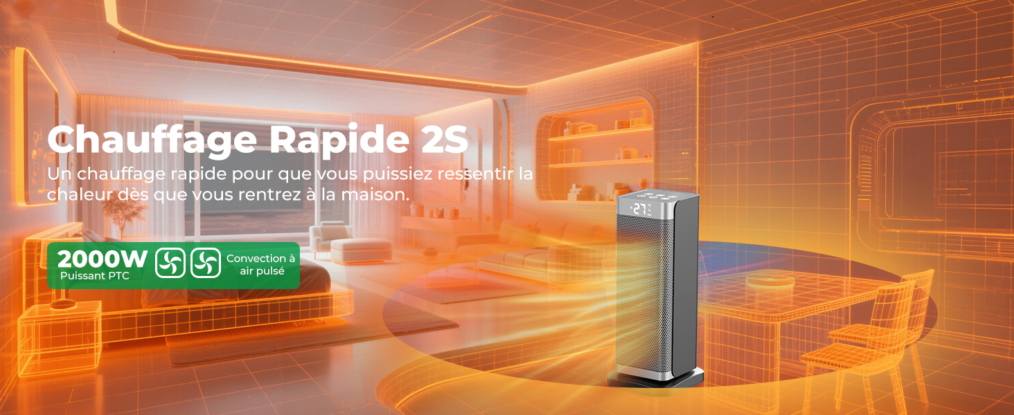 Illustration orange d'un système de chauffage d'une pièce avec le texte « Chauffage Rapide 25 » montrant la technologie de chauffage infrarouge se répandant dans un espace de la pièce.