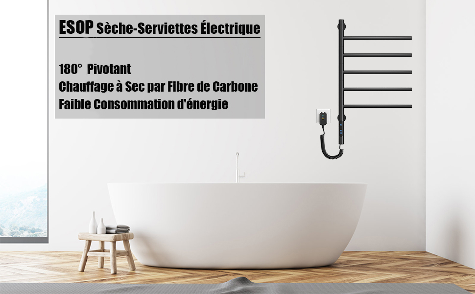 Sèche-Serviettes Électrique, Pivotant à 180 ° Porte-Serviettes Chauffant, Chauffe-Serviettes électrique Mural Avec Thermostat(45-70℃) Minuterie, Écran LED, 660x420cm, 80W, Noir 10 7774