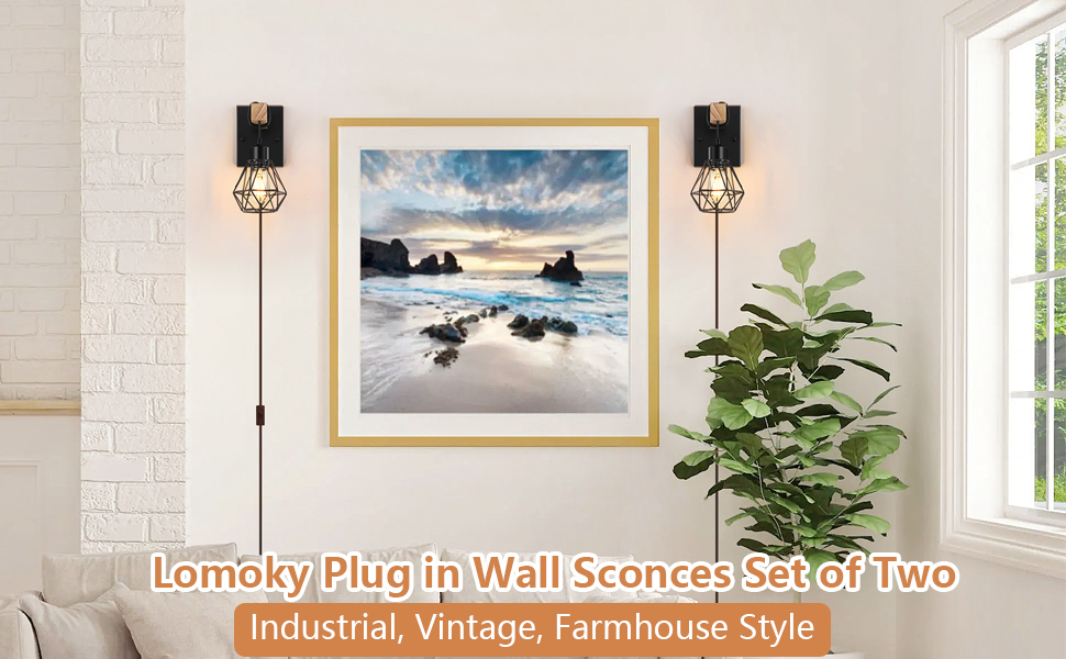 Wood Plug in Wall Sconces Set of Two, Hanging Lamps That Plug into Wall Outlet