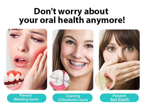 Dental care product advertisement featuring three panels: preventing bleeding gums, cleaning orthodontic gums, and preventing bad breath.